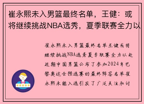 崔永熙未入男篮最终名单，王健：或将继续挑战NBA选秀，夏季联赛全力以赴