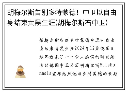 胡梅尔斯告别多特蒙德！中卫以自由身结束黄黑生涯(胡梅尔斯右中卫)