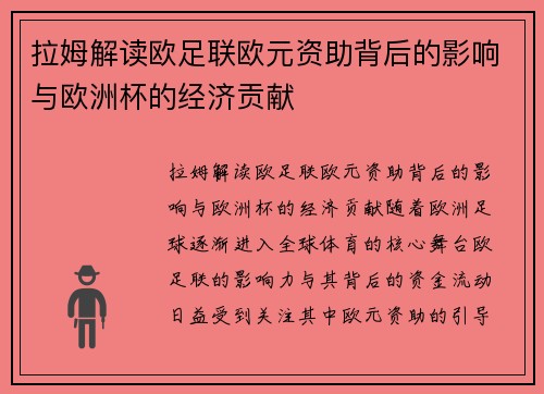 拉姆解读欧足联欧元资助背后的影响与欧洲杯的经济贡献