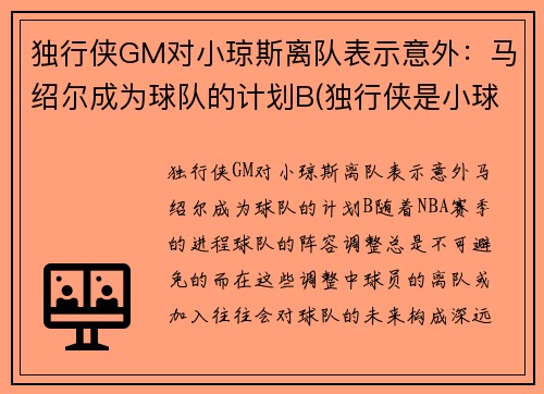 独行侠GM对小琼斯离队表示意外：马绍尔成为球队的计划B(独行侠是小球市吗)