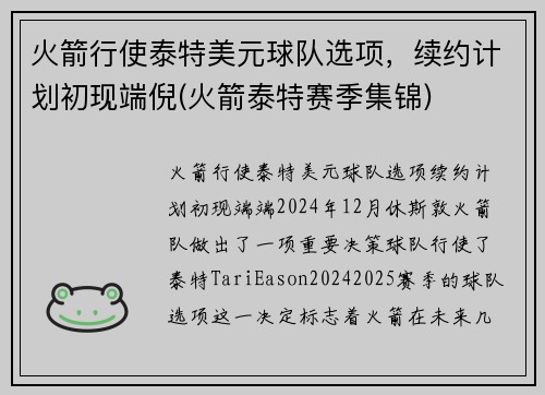 火箭行使泰特美元球队选项，续约计划初现端倪(火箭泰特赛季集锦)