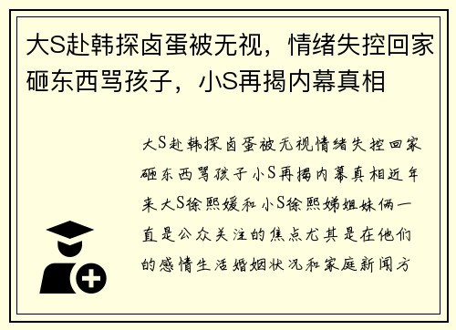 大S赴韩探卤蛋被无视，情绪失控回家砸东西骂孩子，小S再揭内幕真相