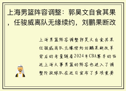 上海男篮阵容调整：郭昊文自食其果，任骏威离队无缘续约，刘鹏果断改革背后的考量