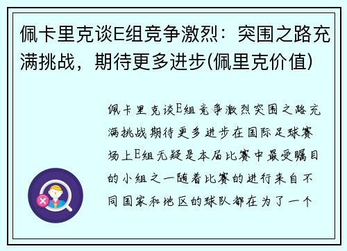 佩卡里克谈E组竞争激烈：突围之路充满挑战，期待更多进步(佩里克价值)