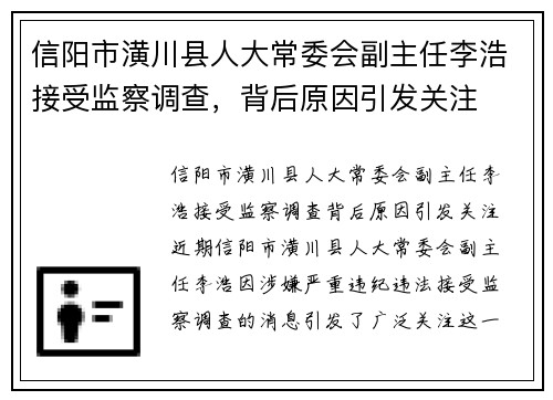 信阳市潢川县人大常委会副主任李浩接受监察调查，背后原因引发关注