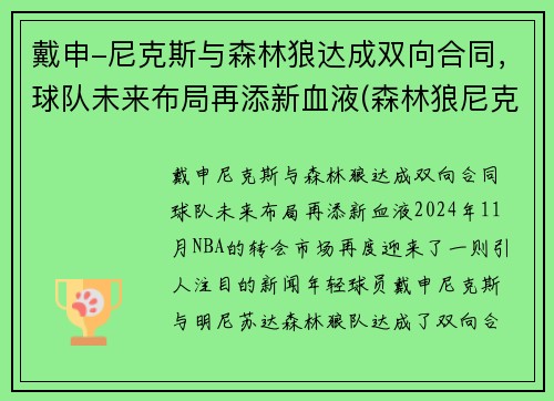 戴申-尼克斯与森林狼达成双向合同，球队未来布局再添新血液(森林狼尼克斯常规赛视频)