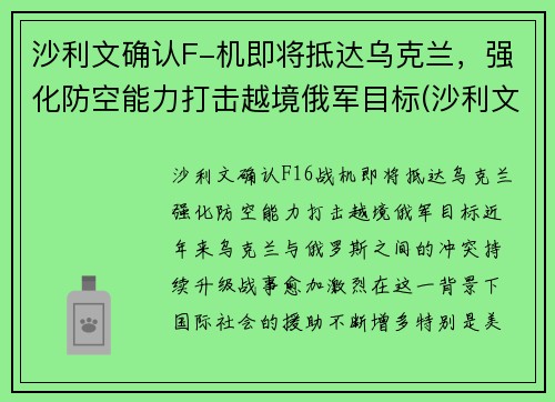 沙利文确认F-机即将抵达乌克兰，强化防空能力打击越境俄军目标(沙利文访问台湾)