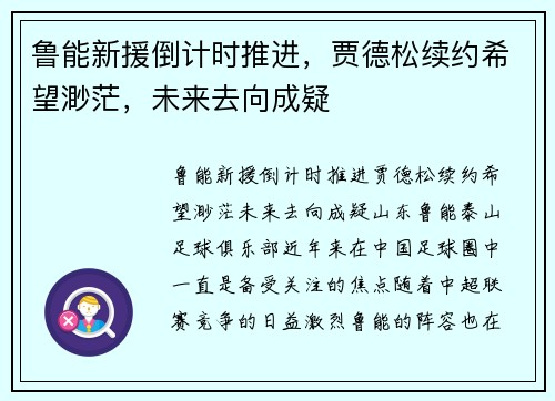 鲁能新援倒计时推进，贾德松续约希望渺茫，未来去向成疑