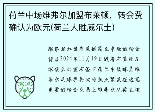 荷兰中场维弗尔加盟布莱顿，转会费确认为欧元(荷兰大胜威尔士)