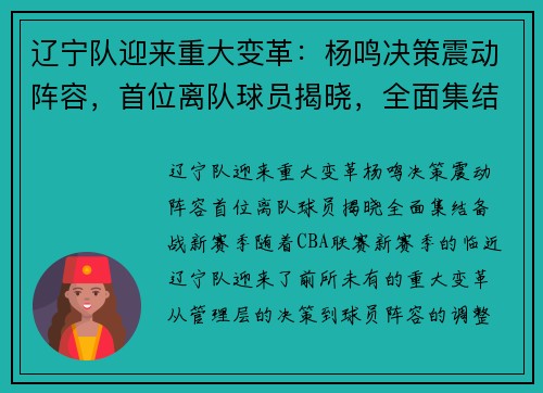辽宁队迎来重大变革：杨鸣决策震动阵容，首位离队球员揭晓，全面集结备战新赛季